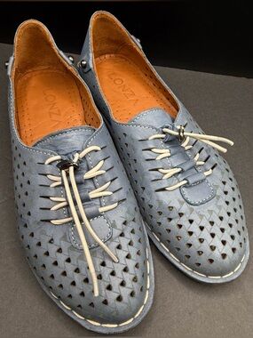 Lonza-JABIN, Women’s Blue Perforated Leather Casual Shoes, Size:37